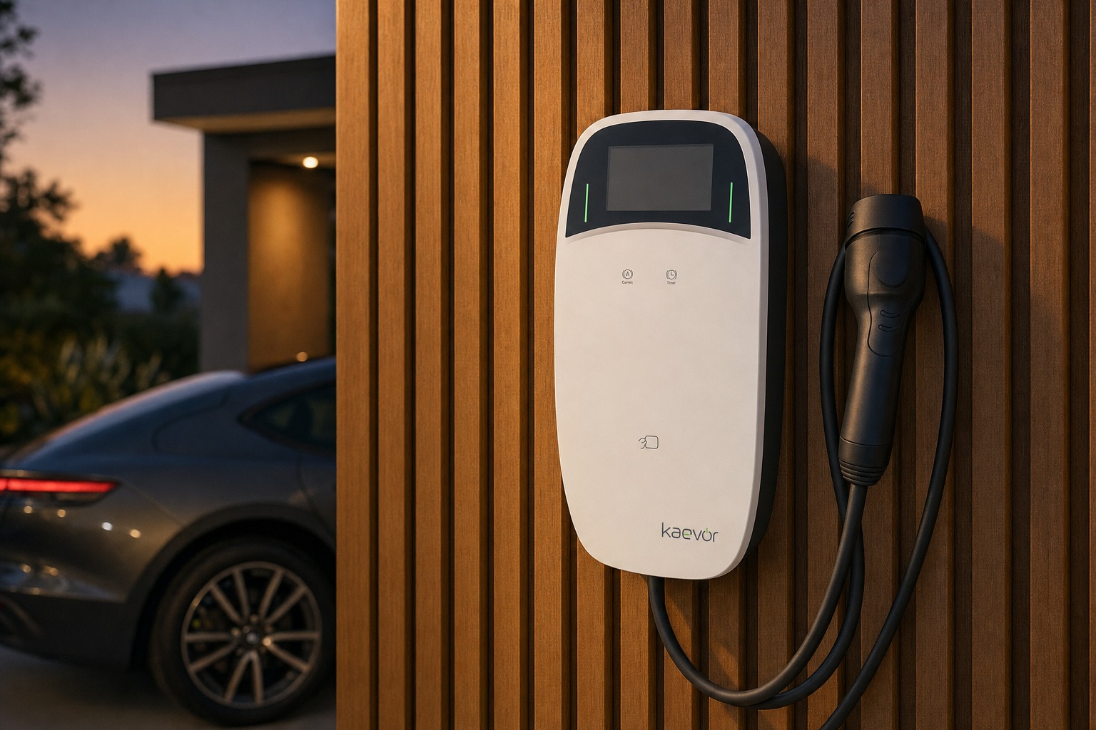 A Kaevor wall charger with a soft green status glow, wall-mounted in a premium home garage with an electric car parked alongside